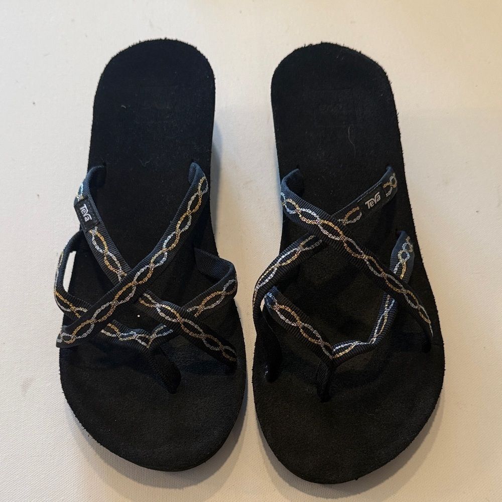 Teva Black Wedge Sandals with Chain Accents